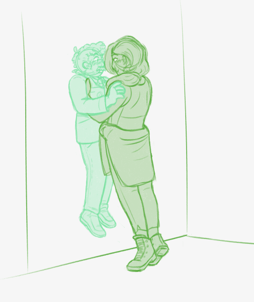 art of susan (tall) holding barry (short) up against the wall